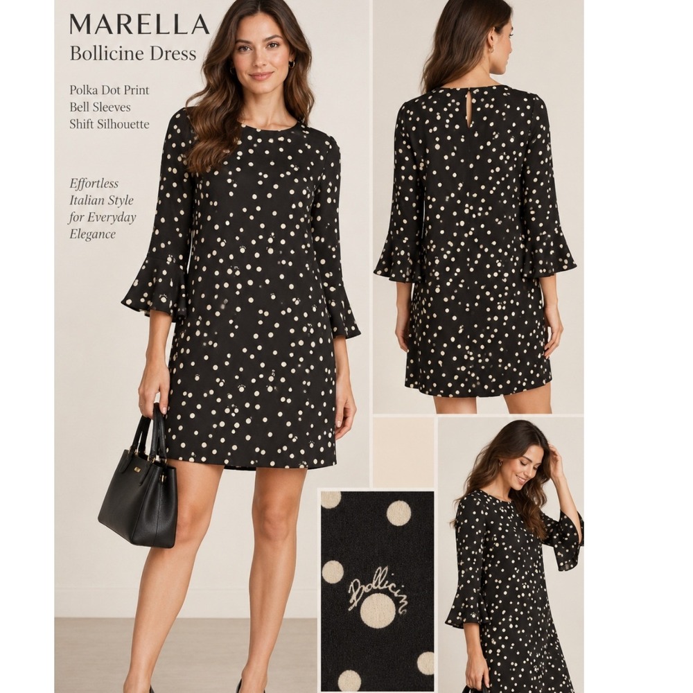 Marella Black Polka Dot Ruffle Cuff Dress 6 Bollicine Print Italian Designer